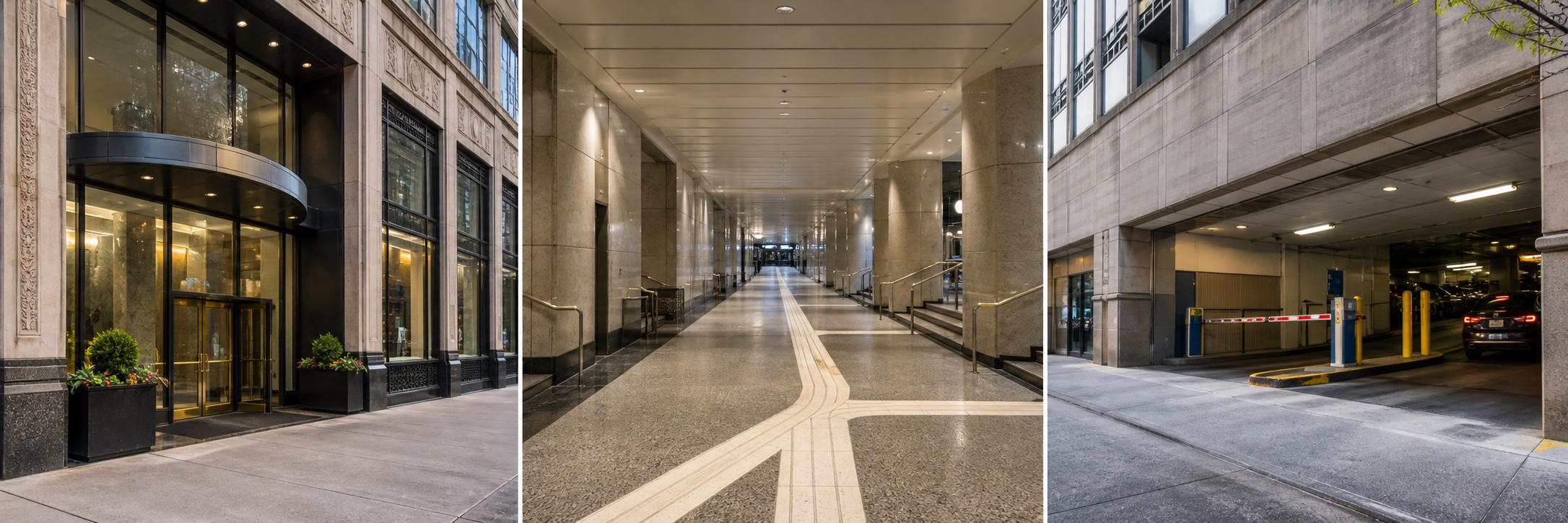 An indoor Pedway corridor near 25 E Washington in Chicago, with polished marble floors and tall columns